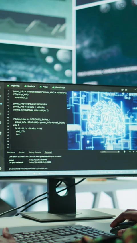 Vertical Video Cybersecurity expert oversees intelligence gathering through AI Stock Footage 280012931