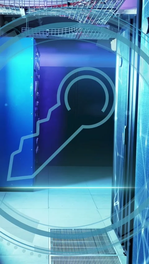Vertical video: Cybersecurity text appearing triggers HUD rings and rotating key Stock Footage 332806298