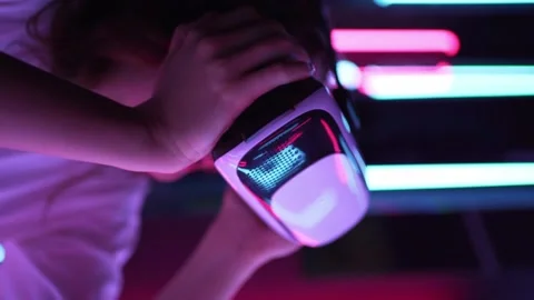 Vertical video. Cyberspace. Innovative augmented reality glasses close-up on a Stock Footage 149751007