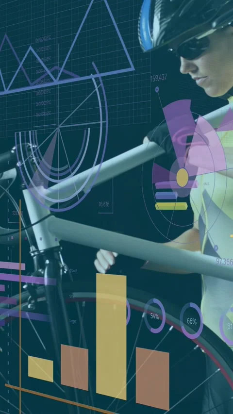 Vertical video: Cyclist adjusting grip and checking headset, bike data showing Stock Footage 333744975