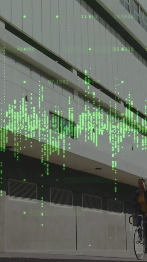 Vertical video: Cyclist entering, riding past wall while green wave overlaying Stock Footage 330769661