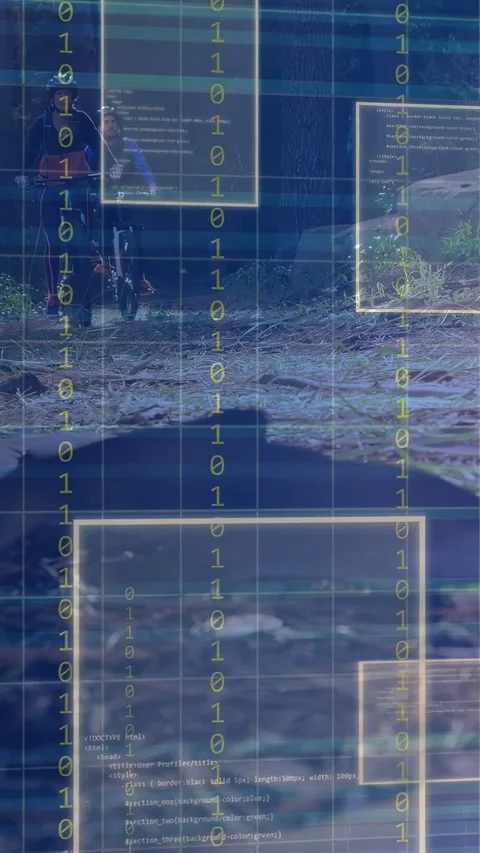 Vertical video: Cyclists pedaling trail starting tech grid, bits and UI Stock Footage 333821617