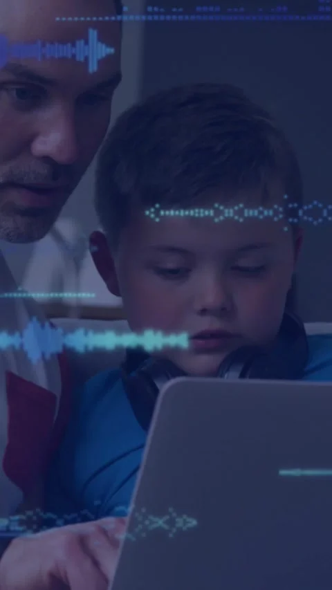 Vertical video: Dad guiding boy on sofa tapping laptop as waves and code arising Stock Footage 331738802