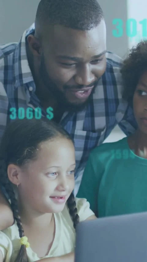 Vertical video: Dad leaning at laptop with kids, cyan finance graphics Stock Footage 331238172