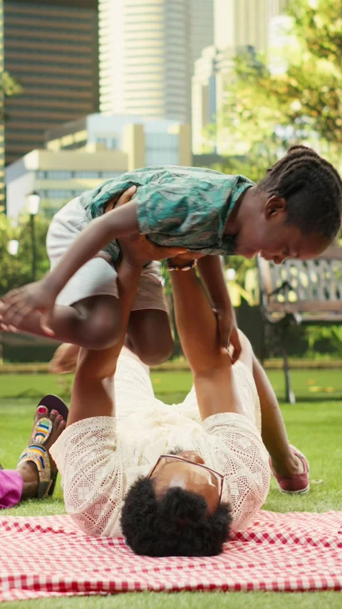 Vertical Video Dad lifting boy into air for funny airplane play on picnic Stock Footage 341470993