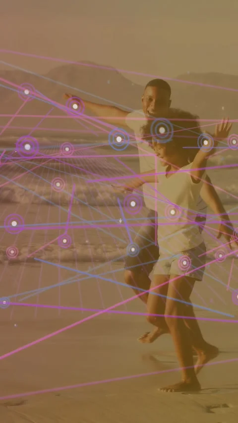 Vertical video: Dad reaching for child playing on shore while purple nodes Video stock 334297156