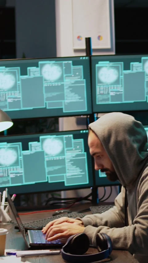 Vertical video: Dangerous IT coder working on security breach 動画素材 220334938