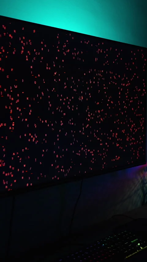 Vertical video. Dark Room with Computer Setup, Monitor Showing Red Matrix-Like Stock Footage 281460765