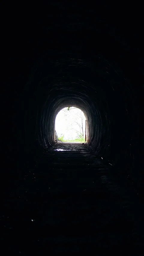 Vertical video. Dark Underground Tunnel with Natural Light at the End Showing Tr Stock Footage 320723924