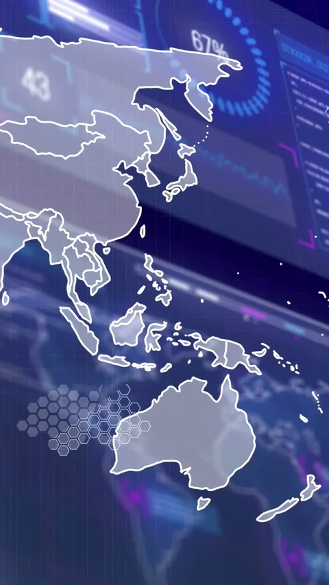 Vertical video: Dashboard loading, APAC map fading, outlining, animating nodes, Stock Footage 332775628