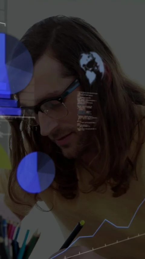 Vertical video: Data analytics appearing analyst leaning studying pie charts and Stock Footage 333157342