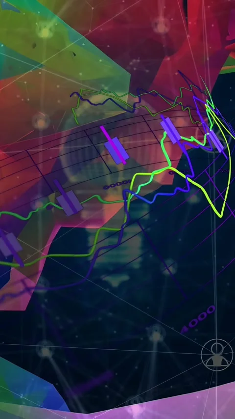 Vertical video: Data animating on load neon lines varying bars pulsing globe Stock Footage 334917007