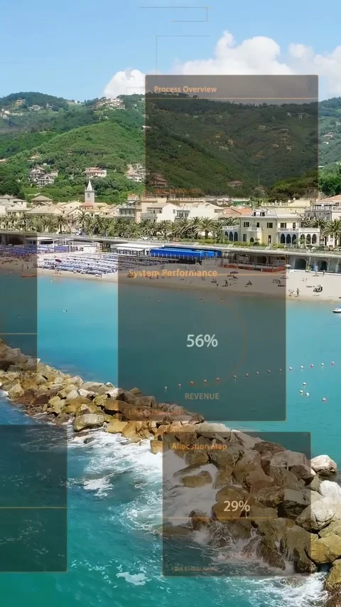 Vertical video: Data arrival causing UI panels appearing over shoreline, showing Stock Footage 333839993