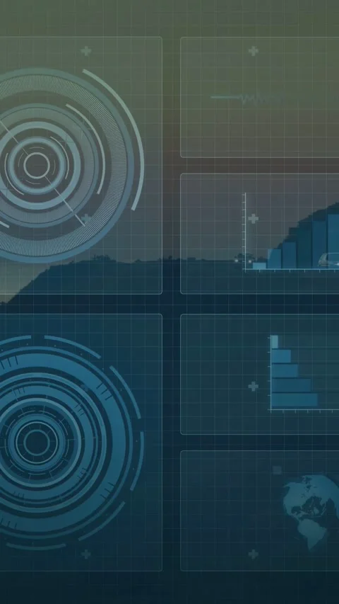 Vertical video: Data arriving, HUD rotating, bars rising, cursor aligning, Stock Footage 333596574