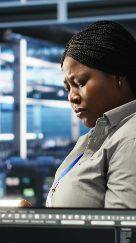 Vertical video Data center admin using laptop to do node tree programming Stock Footage 307970073