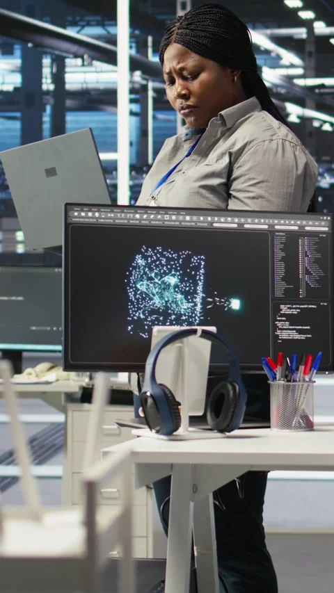 Vertical video Data center admin using laptop to do node tree programming Stock Footage 308756167