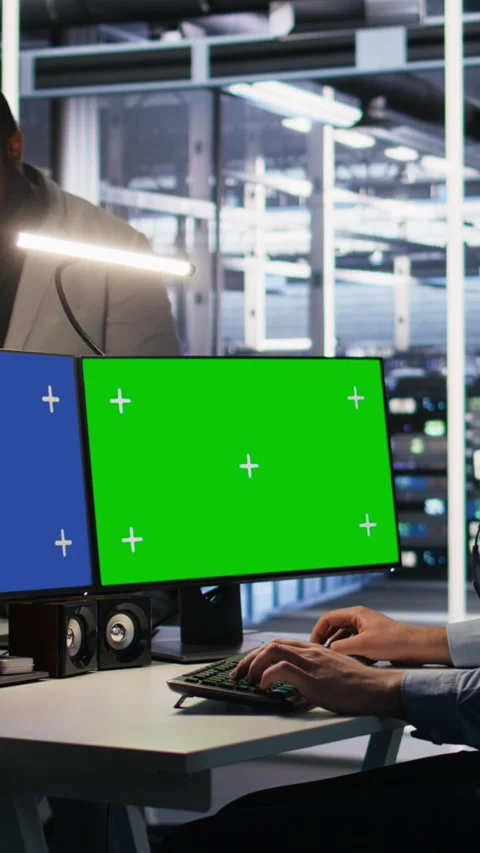 Vertical video Data center admin using isolated screen mockup PC Stock Footage 309255533