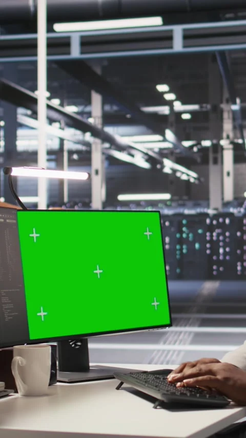 Vertical video Data center admin using isolated screen PC to monitor neural Stock Footage 309256354