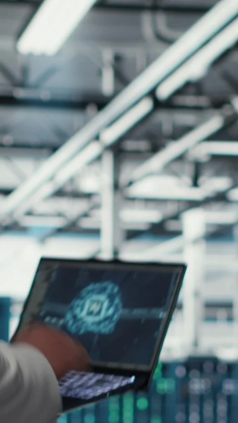 Vertical video Data center admin doing IT maintenance tasks using AI technology Stock Footage 311547799