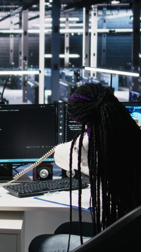 Vertical video Data center admin receiving phone call, using AI assistant for Stock Footage 313456383