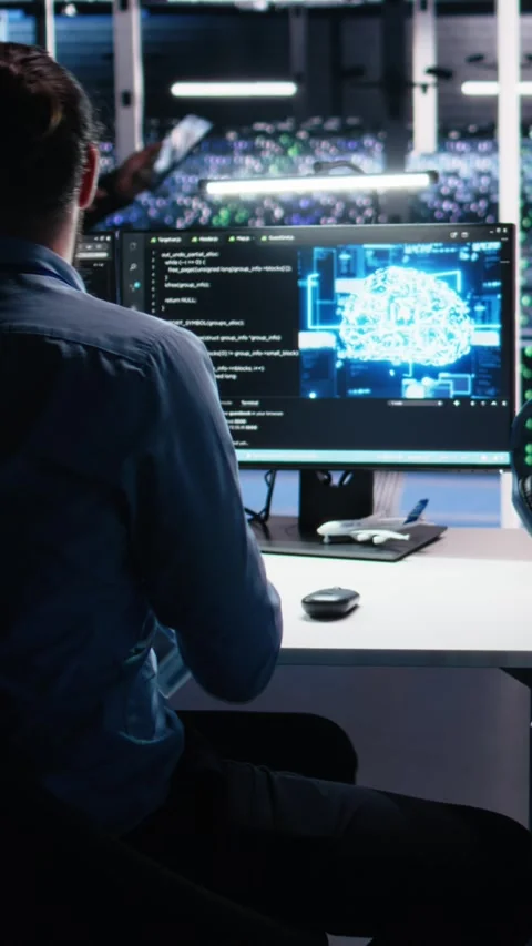 Vertical video Data center admin teaching intern to monitor neural network using Stock Footage 313507797