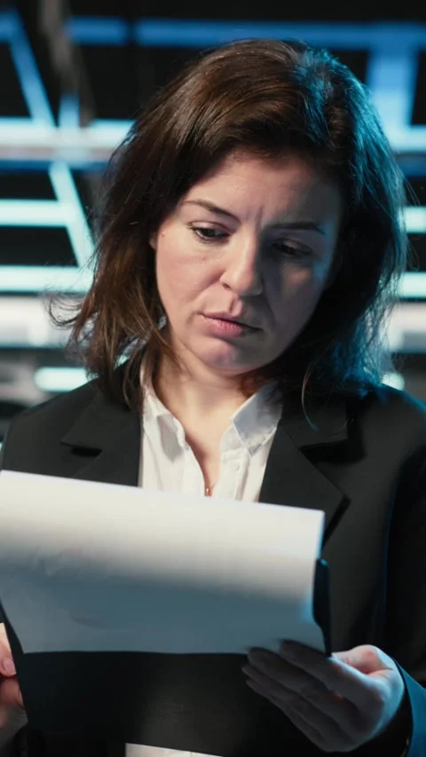 Vertical video Data center admin reading paperwork, inspecting blue wireframe Stock Footage 329316962