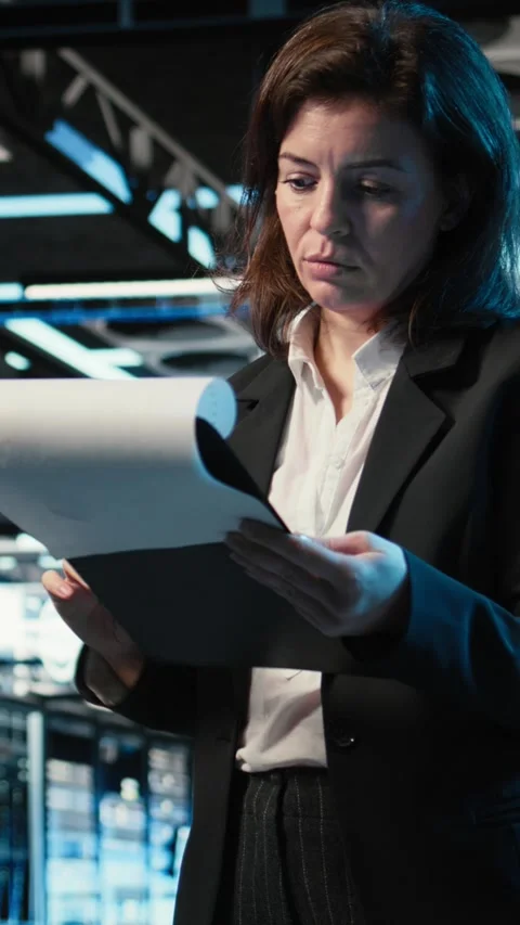 Vertical video Data center admin reading paperwork, inspecting blue wireframe Stock Footage 329319369