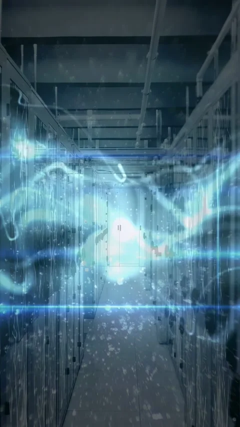 Vertical video: Data center aisle getting pulse, showing ribbon pulsing scan Stock Footage 332669501