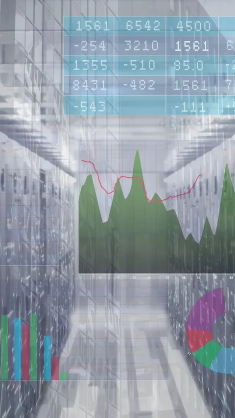 Vertical video: Data center aisle receiving telemetry, overlaying bars, Stock Footage 332747959
