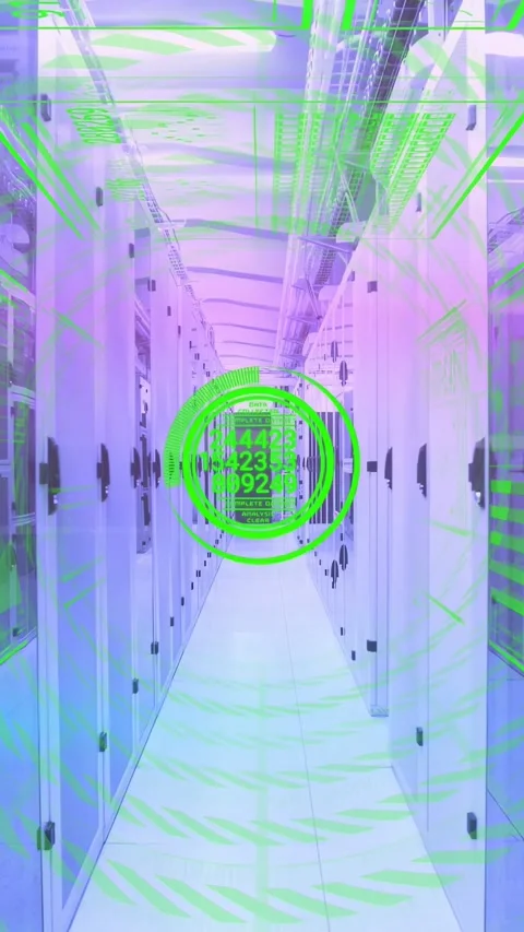 Vertical video: Data center aisle running health scan HUD pulsing digits pink Stock Footage 332775394