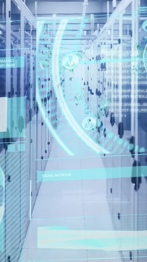 Vertical video: Data center aisle showing HUD scan emerging right, marking racks Stockbeeldmateriaal 332985344