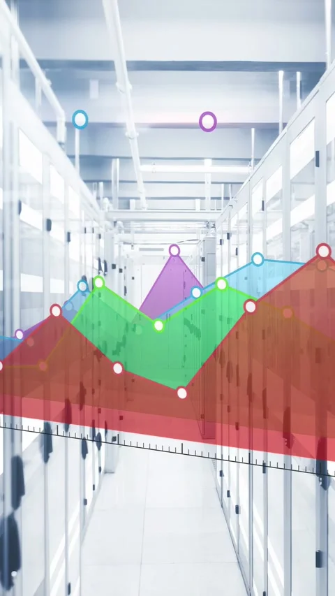 Vertical video: Data center aisle on input, showing layered charts, nodes Stock Footage 333006193