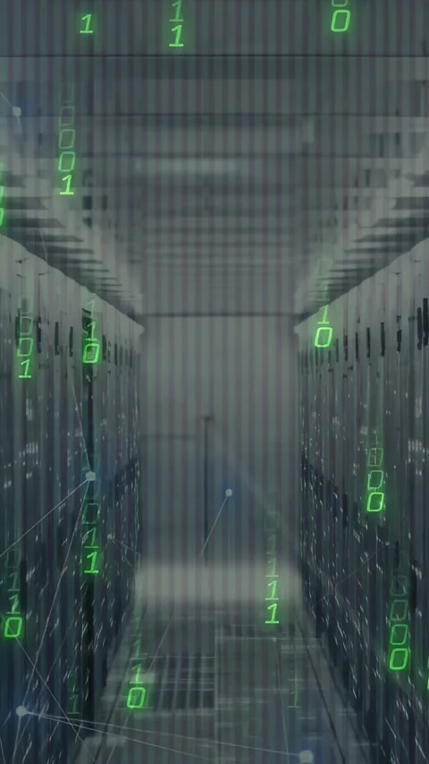 Vertical video: Data center aisle showing on boot green binary layer falling, Stock Footage 334600500