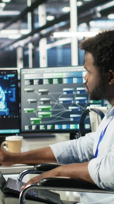 Vertical video Data center computer scientist in wheelchair using AI node tree Video stock 307970745