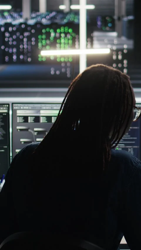 Vertical video Data center computer scientist using node tree software to 스톡 동영상 308756701