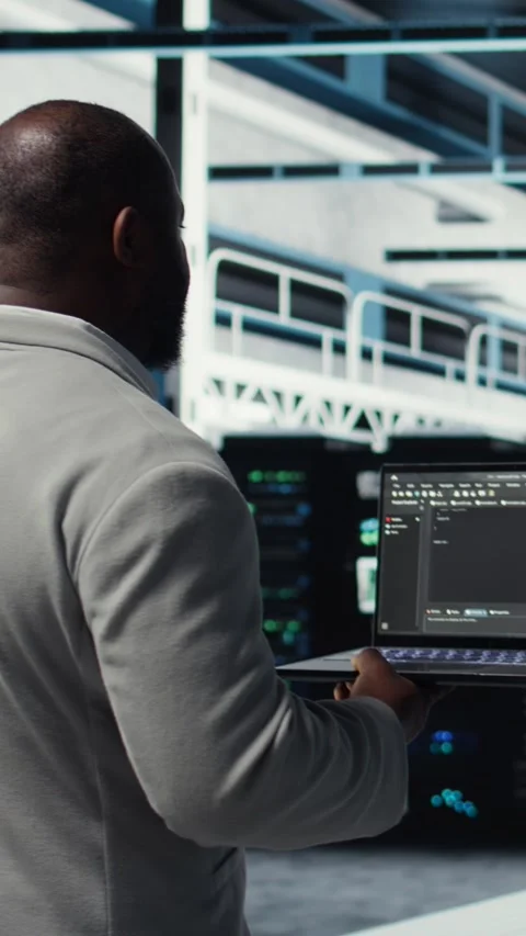 Vertical video Data center computer scientist coding on laptop, doing software Stock Footage 311489360