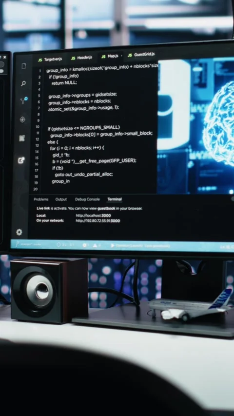 Vertical video Data center computer systems on desk controlling network Stock Footage 313507554