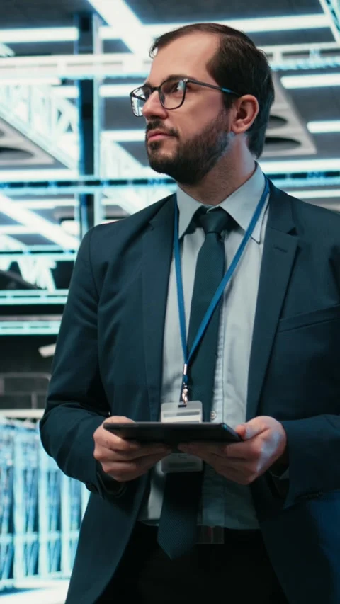 Vertical video Data center computer scientist using tablet app, managing Stock Footage 329530261
