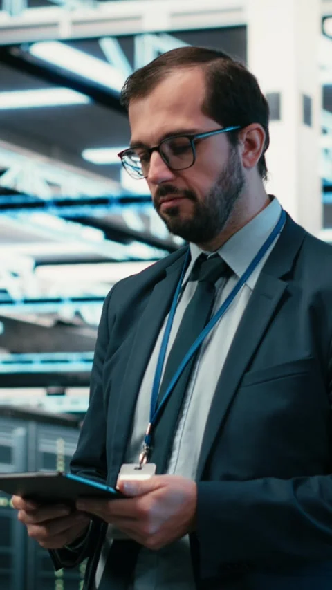 Vertical video Data center computer scientist using tablet app, managing Stock Footage 329650033