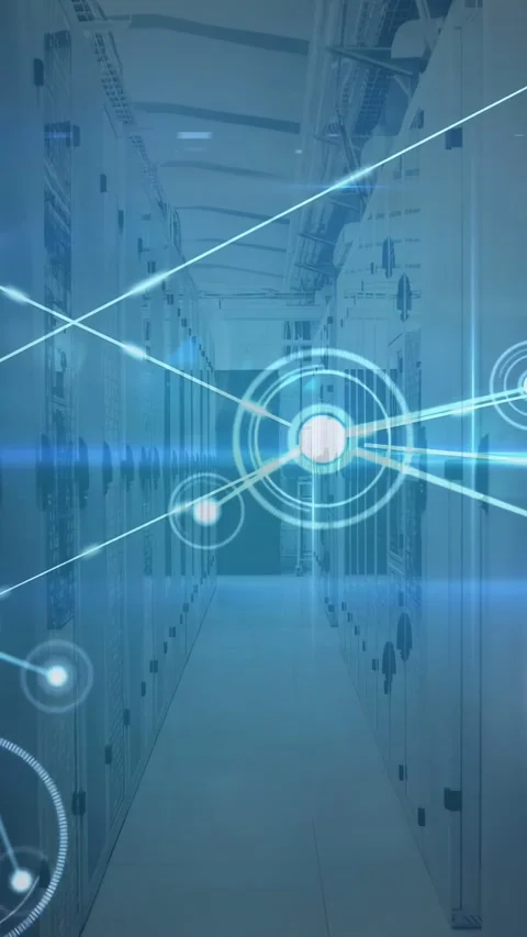 Vertical video: Data center corridor HUD appearing sending radial lines and Stock Footage 332845830