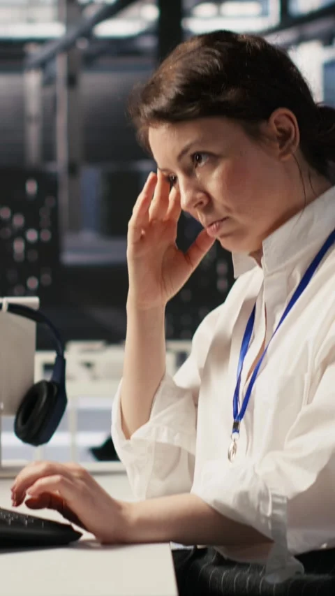 Vertical video Data center developer thinking how to improve AI, pleased with Stock Footage 309486367