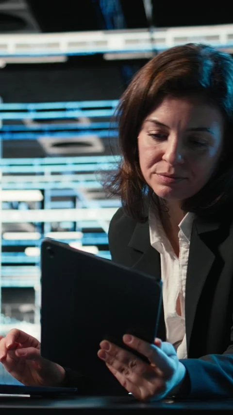 Vertical video Data center developer uses devices as control panel for digital Stock Footage 329319828