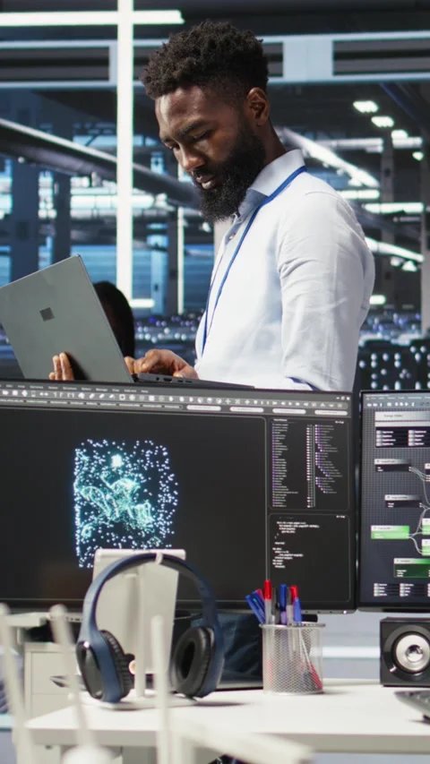 Vertical video Data center engineer does node tree programming to optimize Stock Footage 307968784