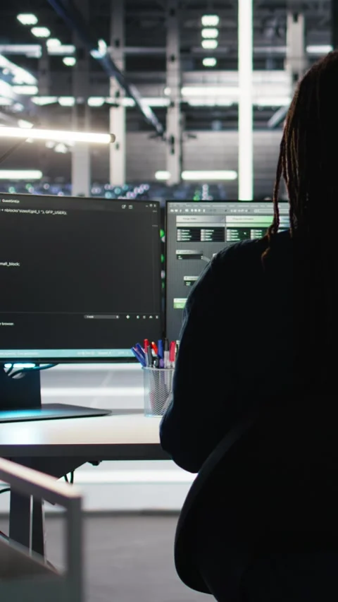 Vertical video Data center engineer sees critical error message while using node Stock Footage 308757210