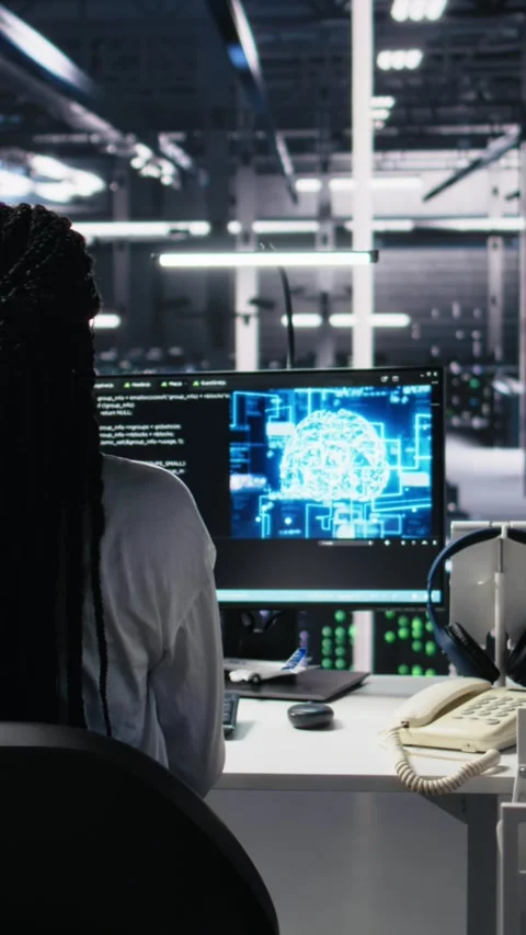 Vertical video Data center engineer using machine learning algorithms on green Stock Footage 313455914