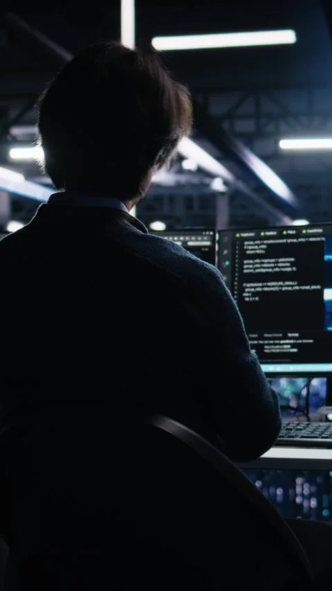 Vertical video Data center engineer working on artificial intelligence neural Stock Footage 313506459