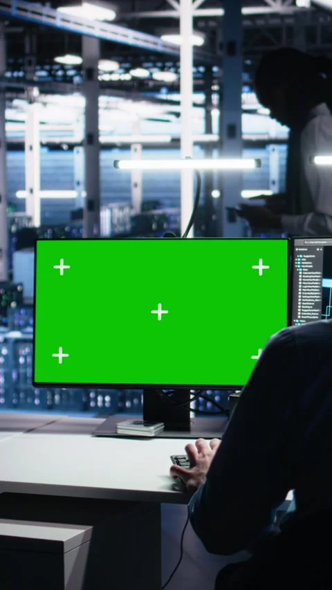 Vertical video Data center engineer using machine learning algorithms on green Stock-Footage 313507769