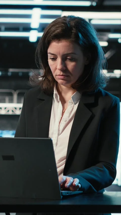 Vertical video Data center engineer typing on laptop keyboard to troubleshoot Stock Footage 329302719
