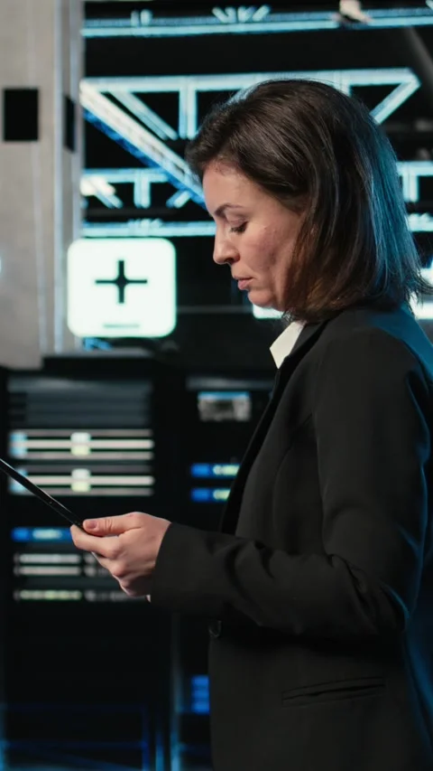 Vertical video Data center engineer configuring rigs using augmented reality Stock Footage 329316357