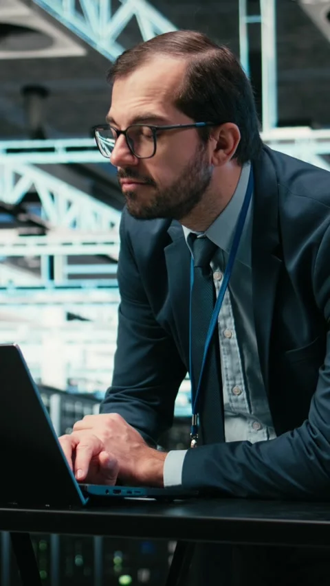Vertical video Data center engineer uses laptop and augmented reality simulation Stock Footage 329590800